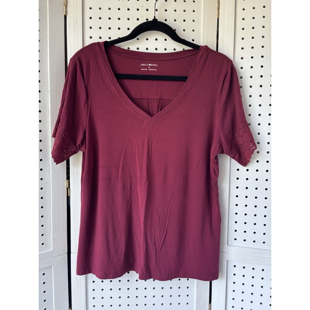 April Cornell Women's Sz Medium Short SLV Lace Tee Maroon V Neck Viscose Spandex